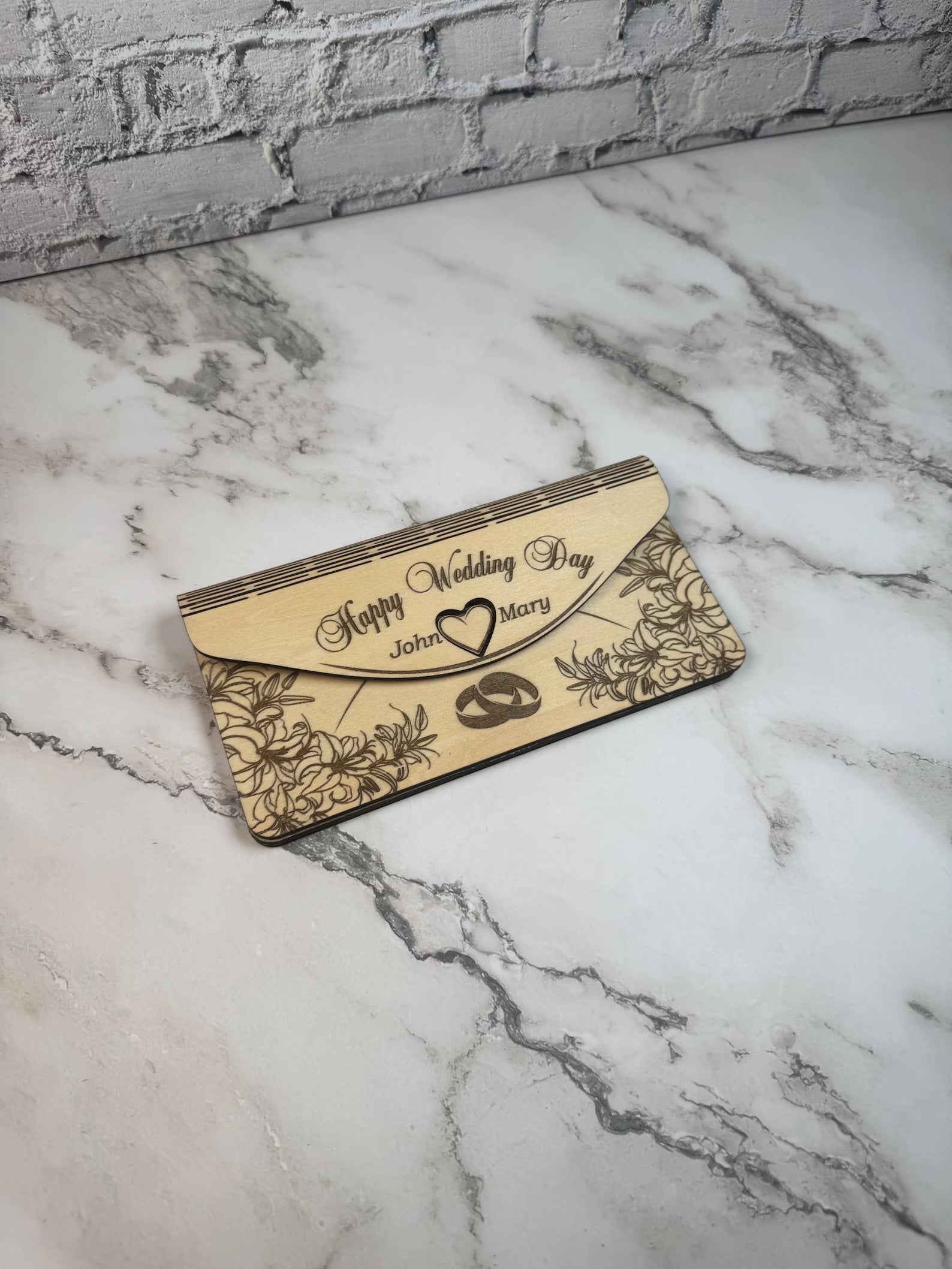 Personalized Wooden Wedding Money Envelope | Laser Engraved Gift Card Holder