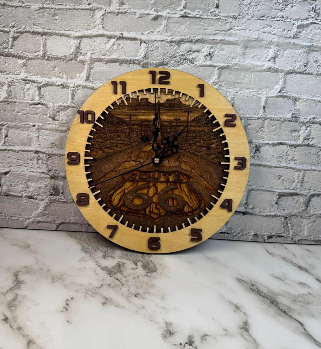 Laser Engraved Wooden Route 66 Clock