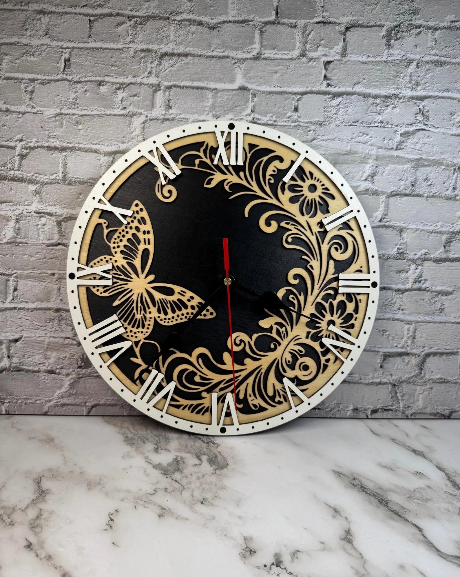 Laser Cut Butterfly Wooden Wall Clock  Rustic Floral Home Decor