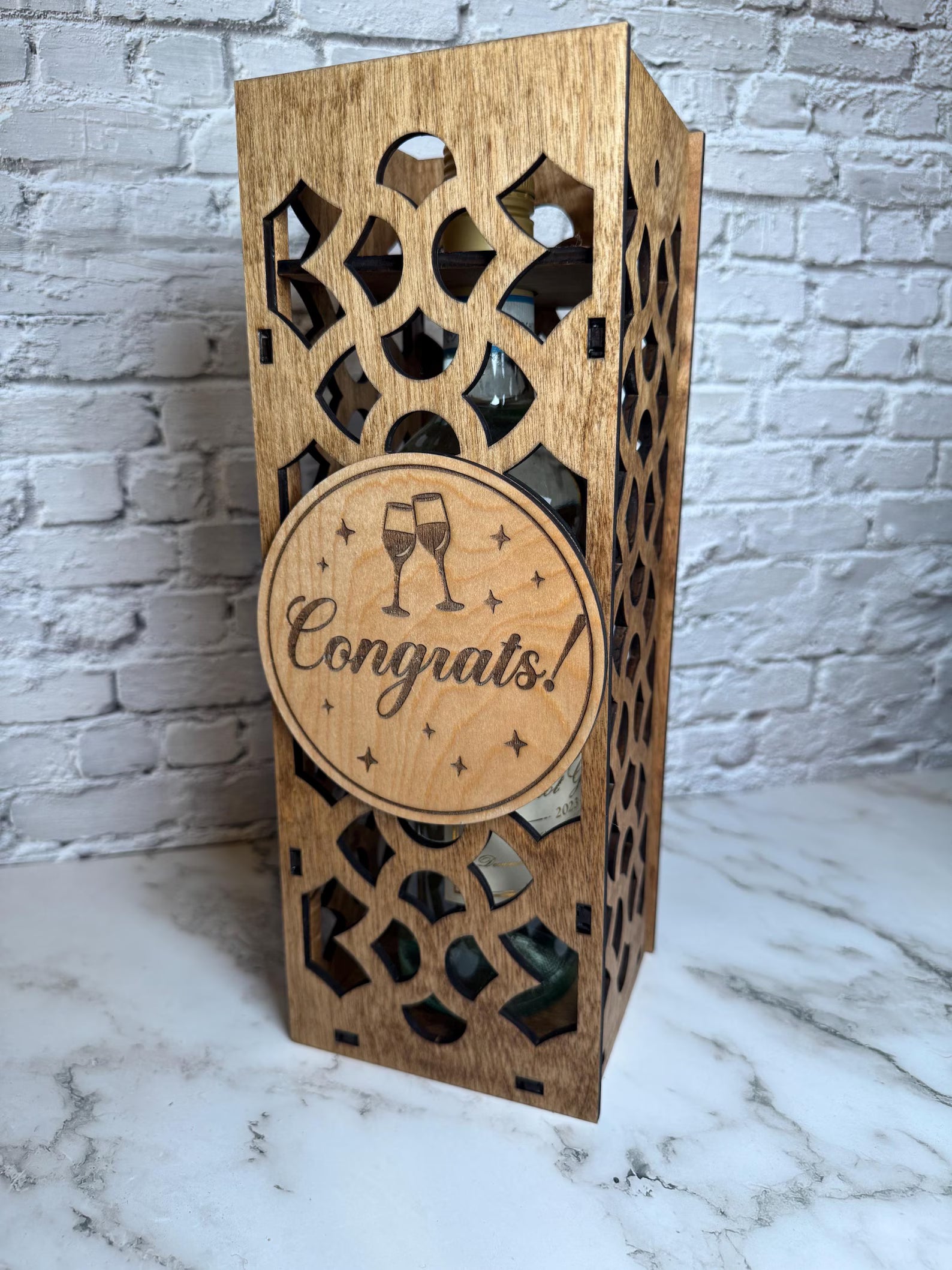Laser Cut Wooden Wine Gift Box – “Congrats!” Engraved