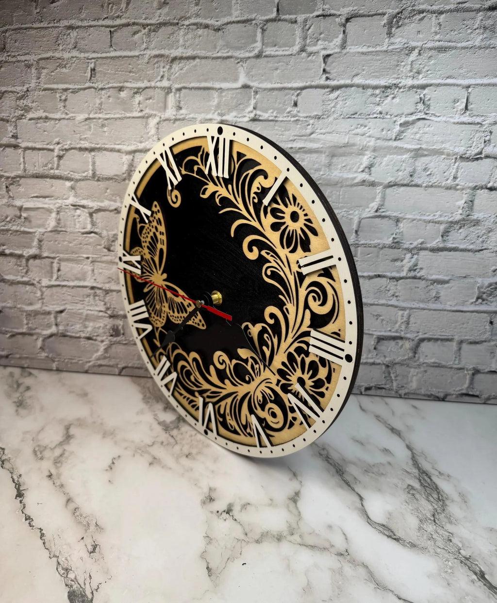 Laser Cut Butterfly Wooden Wall Clock  Rustic Floral Home Decor