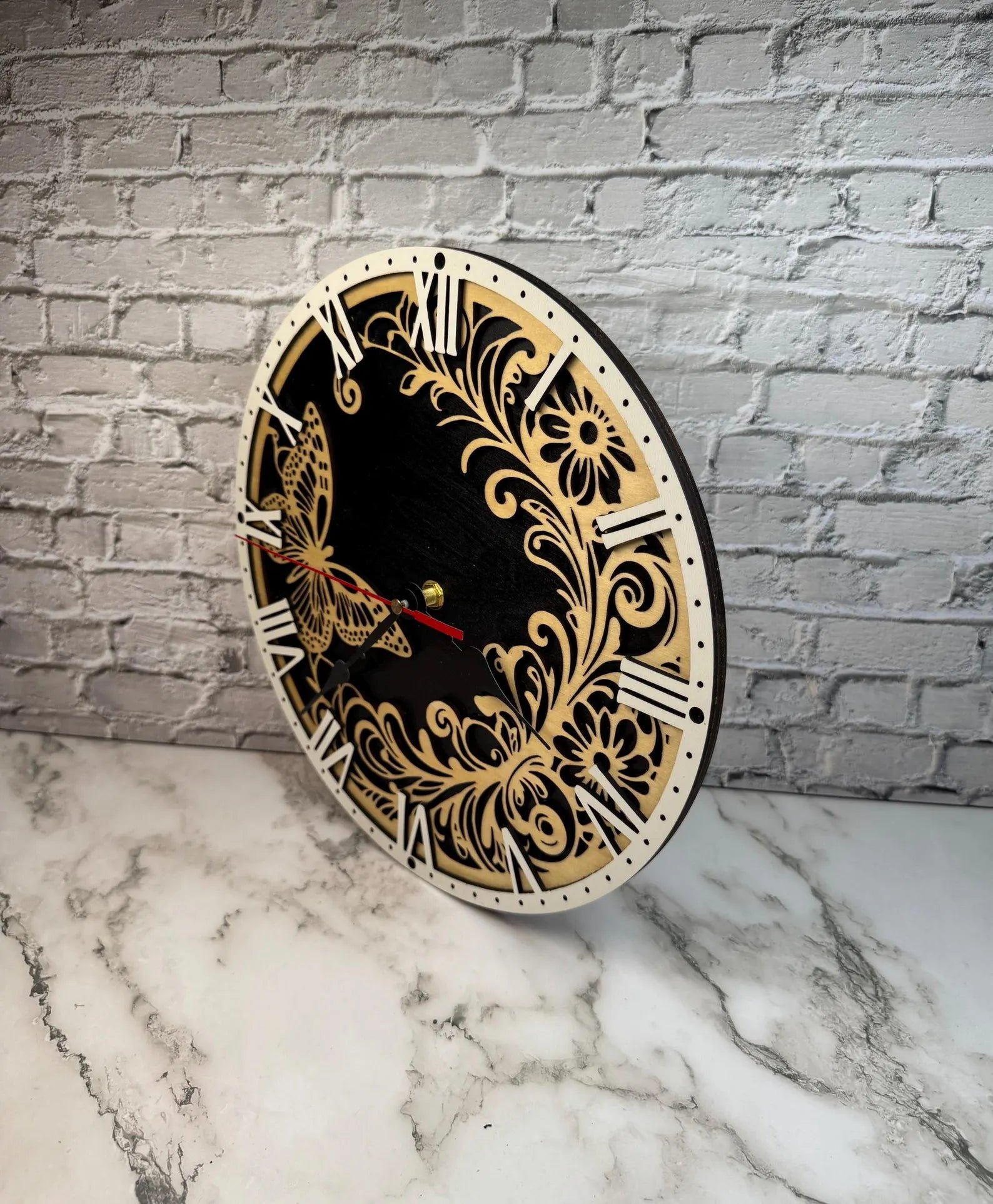 Laser Cut Butterfly Wooden Wall Clock  Rustic Floral Home Decor