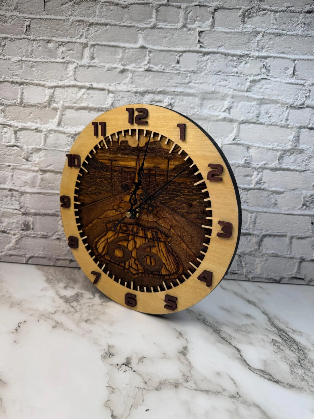 Laser Engraved Wooden Route 66 Clock