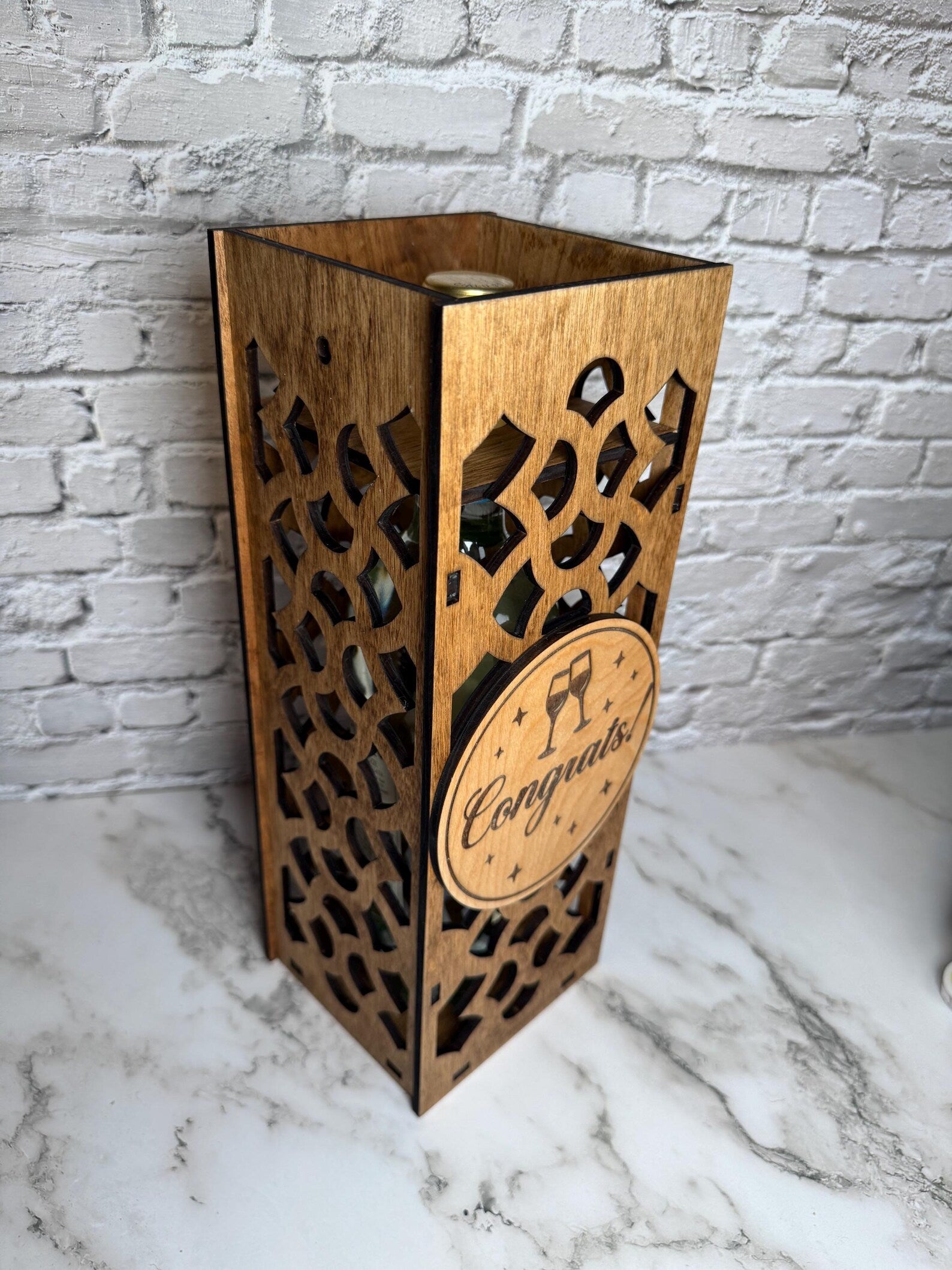 Laser Cut Wooden Wine Gift Box – “Congrats!” Engraved