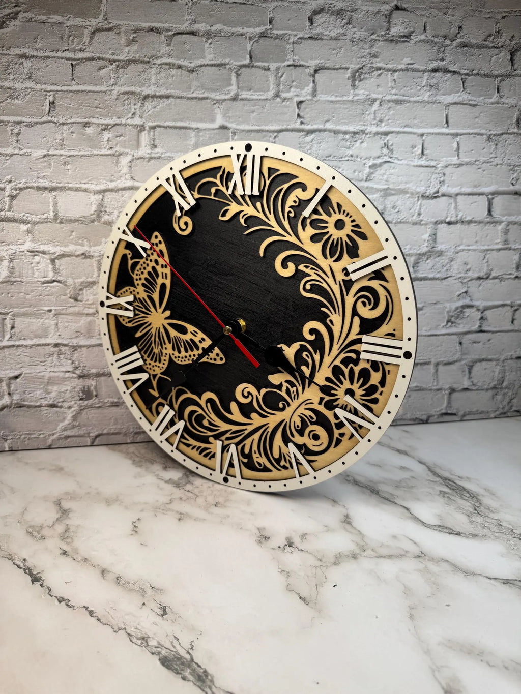 Laser Cut Butterfly Wooden Wall Clock  Rustic Floral Home Decor