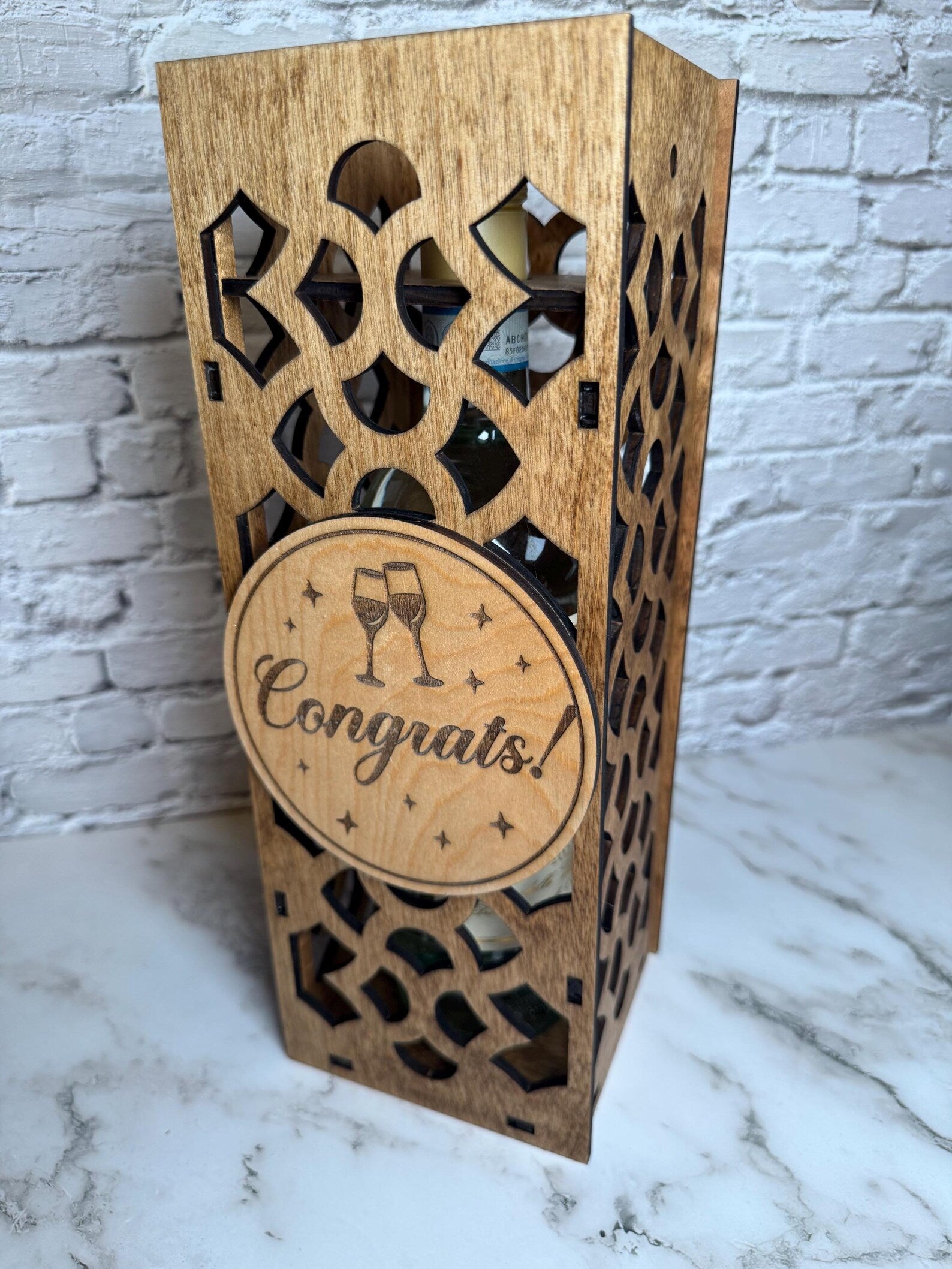 Laser Cut Wooden Wine Gift Box – “Congrats!” Engraved