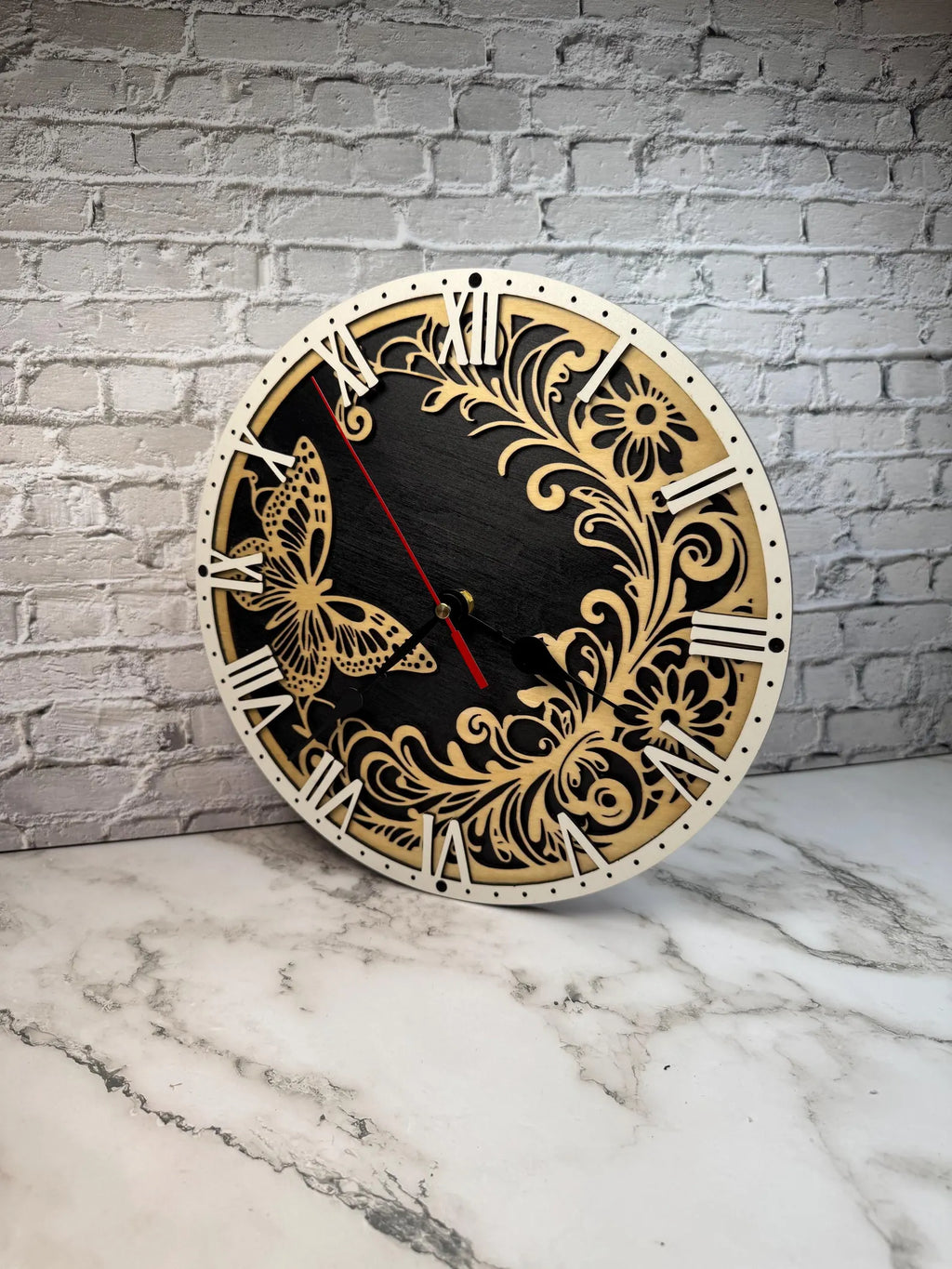 Laser Cut Butterfly Wooden Wall Clock  Rustic Floral Home Decor