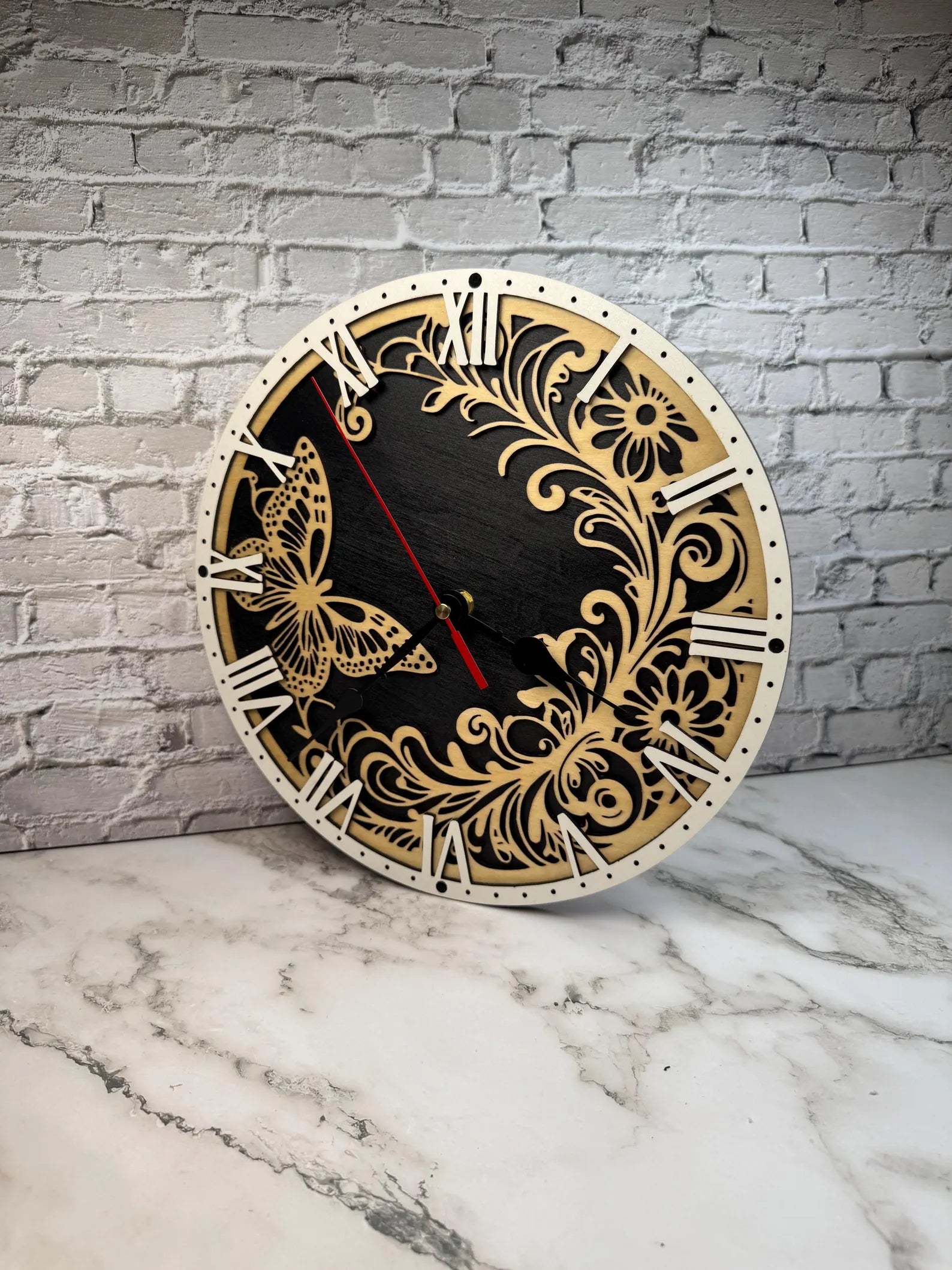 Laser Cut Butterfly Wooden Wall Clock  Rustic Floral Home Decor