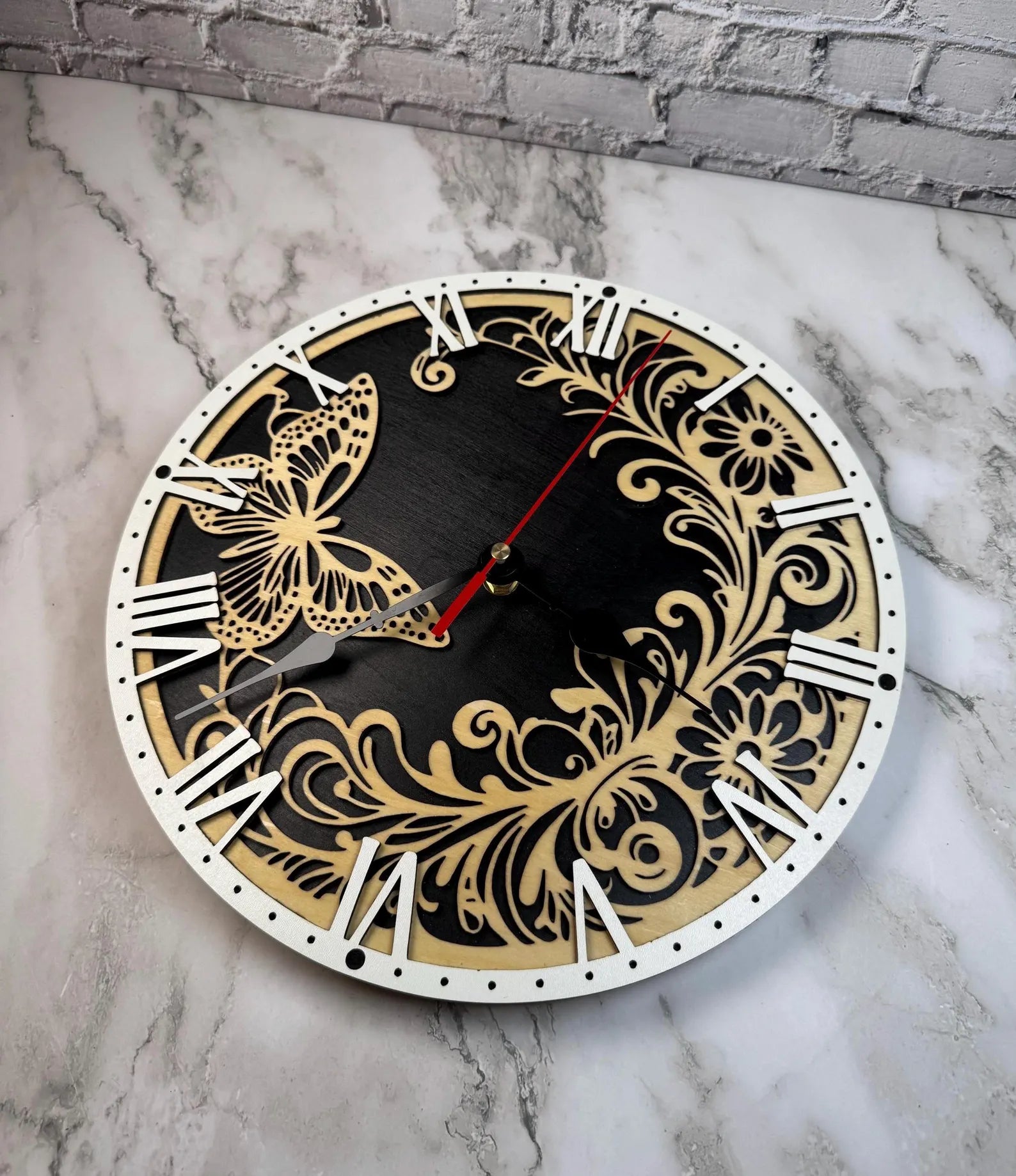 Laser Cut Butterfly Wooden Wall Clock  Rustic Floral Home Decor