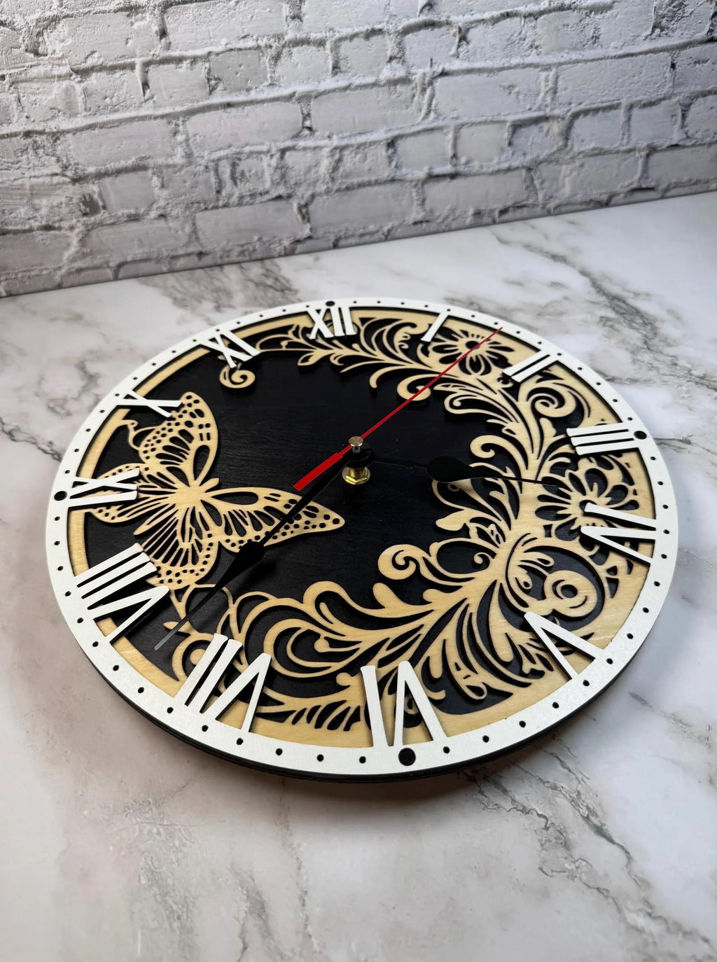 Laser Cut Butterfly Wooden Wall Clock  Rustic Floral Home Decor