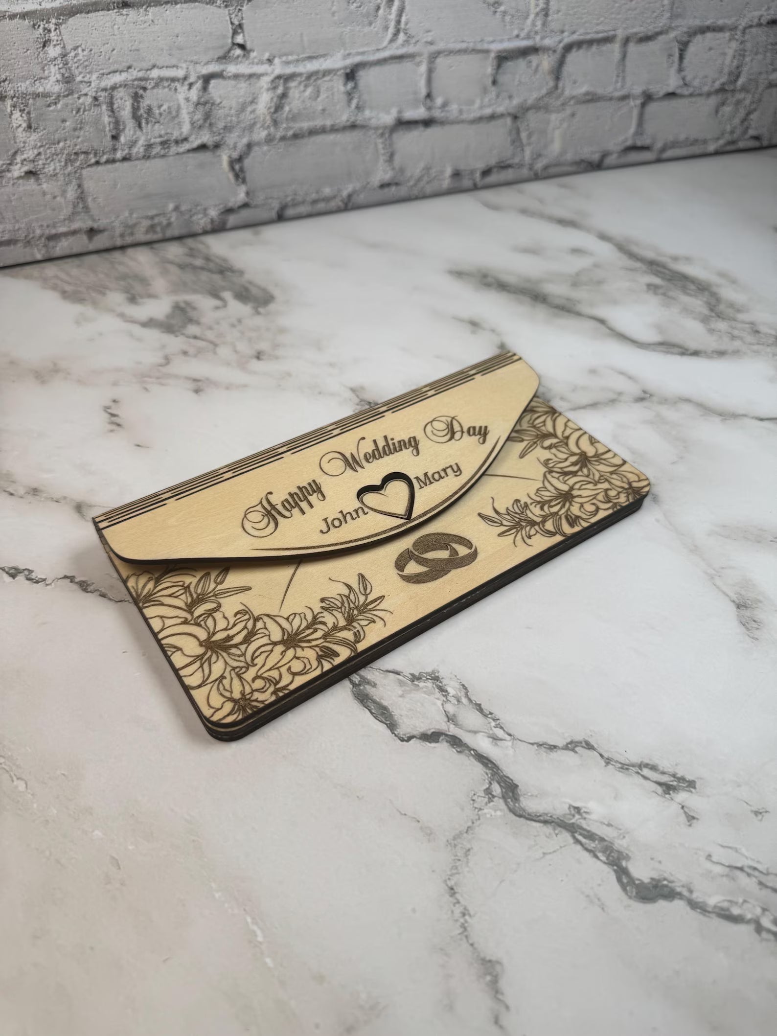 Personalized Wooden Wedding Money Envelope | Laser Engraved Gift Card Holder